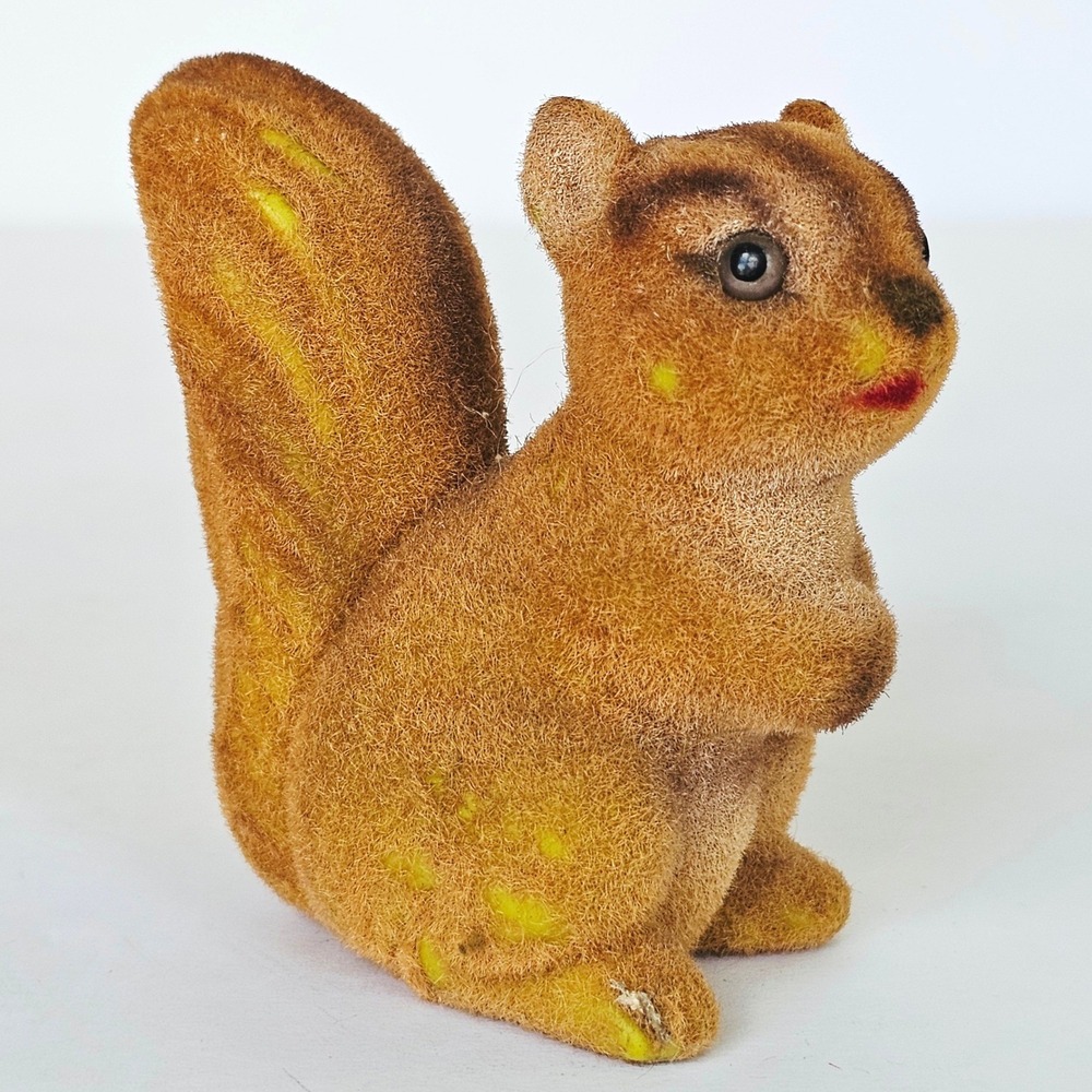 Vintage Flocked Squirrel Figurine Brown Fuzzy Woodland Animal Kitsch Decor 3.5"